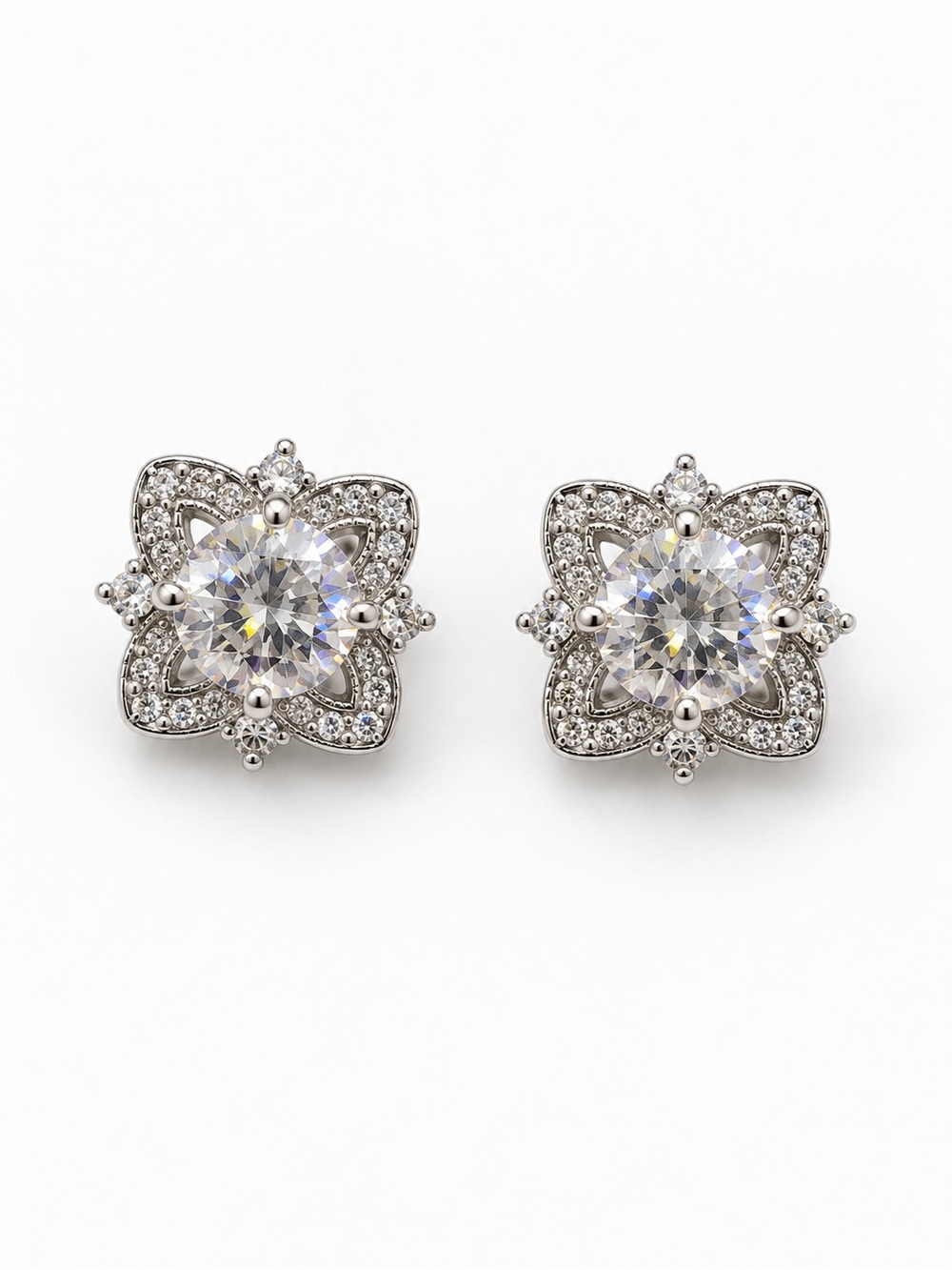 Sterling Silver Floral Halo Stud Earrings with Clear Cubic Zirconia